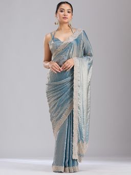 Koskii - Women Stonework (Gold) Tissue Saree With Unstitched Blouse