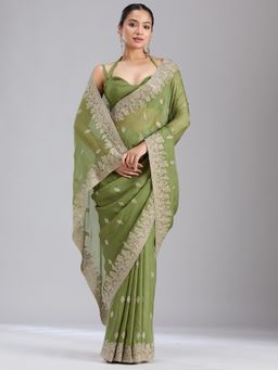 Koskii - Women Threadwork Tissue Saree With Unstitched Blouse