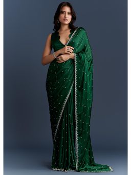KALKI FASHION - Dark Green Chinon With Intricate Hand Embroidery Saree with Unstiched Blouse