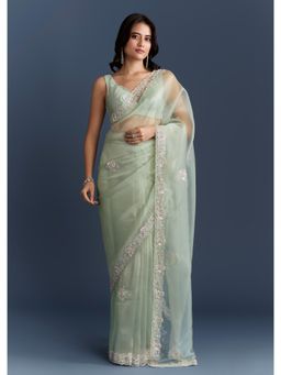 KALKI FASHION - Mint Green Tissue With Heavy Hand Embroidery Saree with Unstiched Blouse