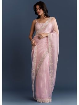 KALKI FASHION - Pink Tissue With Heavy Floral Hand Embroidery Saree with Unstiched Blouse