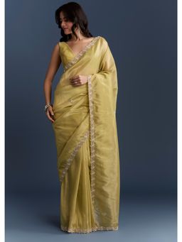 KALKI FASHION - Yellow Tissue With Heavy Hand Embroidery Saree with Unstiched Blouse