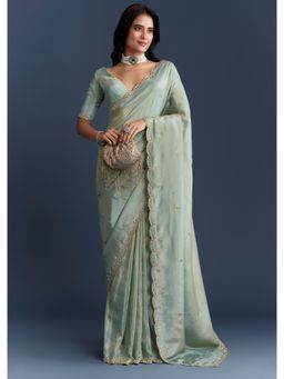 KALKI FASHION - Aqua Blue Tissue With Intricate Hand Embroidery Saree with Unstiched Blouse