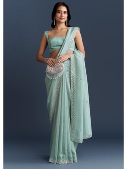 KALKI FASHION - Aqua Blue Tissue With Heavy Hand Embroidery Saree with Unstiched Blouse