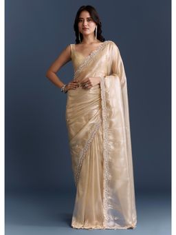 KALKI FASHION - Beige Net With Heavy Hand Embroidery Saree with Unstiched Blouse