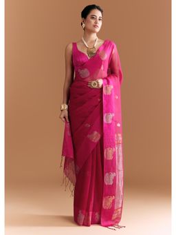 KALKI FASHION - Pink Linen Woven With Brocade And Zari Work Saree with Unstiched Blouse