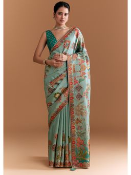 KALKI FASHION - Sky Blue Dola Silk With Madhubani Weave And Embroidery Saree with Unstiched Blouse