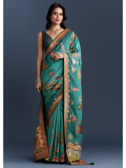 KALKI FASHION - Teal Blue Dola Silk With Nature Motifs And Embroidery Saree with Unstiched Blouse