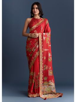KALKI FASHION - Red Magenta Dola Silk With Nature Motifs And Embroidery Saree with Unstiched Blouse