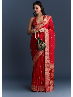 KALKI FASHION - Red Satin Woven With Floral Motif Work Saree with Unstiched Blouse