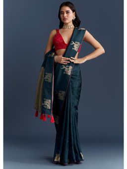 KALKI FASHION - Navy Blue Jacquard Woven With Intricate Zari Embroidery Saree with Unstiched Blouse