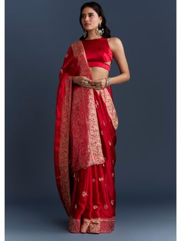 KALKI FASHION - Red Satin Woven With Zari Work Saree with Unstiched Blouse