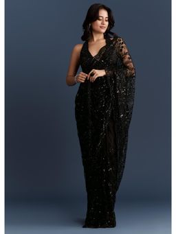 KALKI FASHION - Black Net With Intricate Floral Sequins Embroidery Saree with Unstiched Blouse