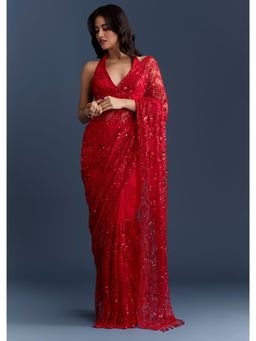 KALKI FASHION - Red Net With Floral Sequins Embroidery Saree with Unstiched Blouse