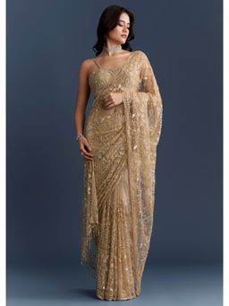 KALKI FASHION - Gold Net With Floral Sequins Work Saree with Unstiched Blouse