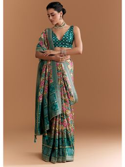 KALKI FASHION - Teal Blue Dola Silk With Bandhani And Zari Work Saree with Unstiched Blouse