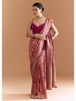 KALKI FASHION - Maroon Khadhi With Floral And Zari Work Saree with Unstiched Blouse