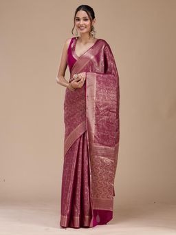 Koskii - Magenta Pink Zariwork Silk Saree with Unstiched Blouse