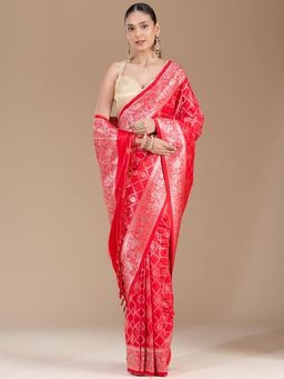 Koskii - Red Stonework Silk Saree with Unstiched Blouse