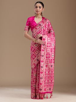 Koskii - Magenta Pink Kanjivaram Silk Saree with Unstiched Blouse