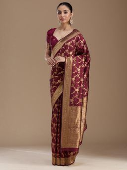 Koskii - Maroon Zariwork Art Silk Saree with Unstiched Blouse