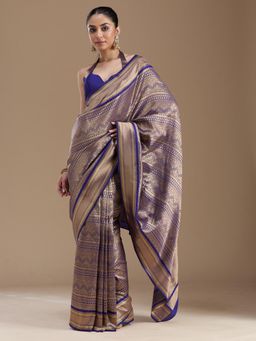 Koskii - Navy Blue Zariwork Art Silk Saree with Unstiched Blouse
