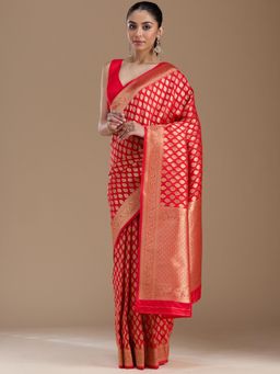 Koskii - Red Zariwork Art Silk Saree with Unstiched Blouse