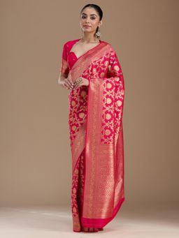 Koskii - Rani Pink Zariwork Art Silk Saree with Unstiched Blouse