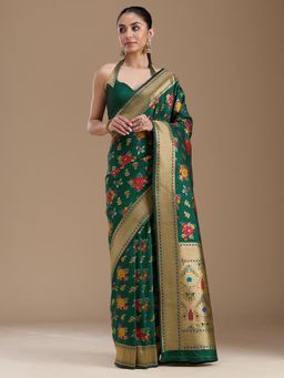Koskii - Bottle Green Zariwork Art Silk Saree with Unstiched Blouse