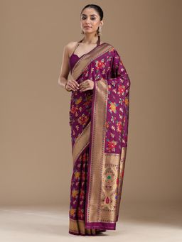 Koskii - Wine Zariwork Art Silk Saree with Unstiched Blouse