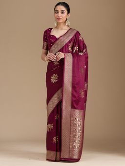 Koskii - Wine Zariwork Art Silk Saree with Unstiched Blouse