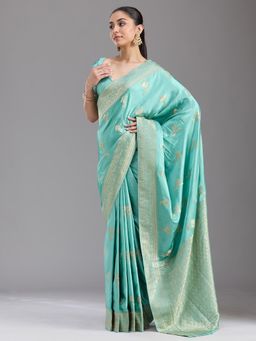 Koskii - Sky Blue Zariwork Art Silk Saree with Unstiched Blouse