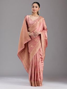 Koskii - Onion Peach Zariwork Art Silk Saree with Unstiched Blouse