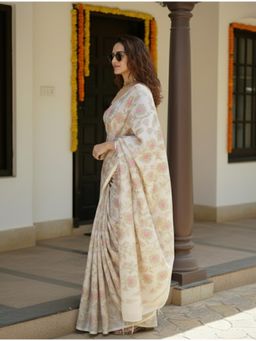 trueBrowns - Beige Foil Print With Unstitched Blouse