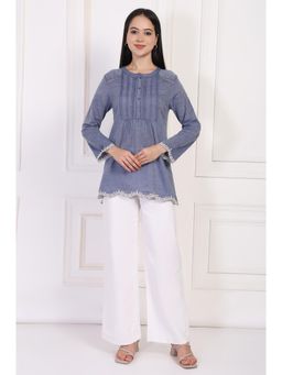 W - Solid Blue Embroidered Flared Cotton Top