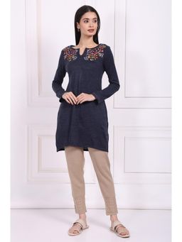 W - Navy Blue Embroidered Straight Acrylic Tunic