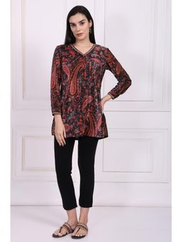 W - Black Paisley Embroidered Straight Velvet Tunic
