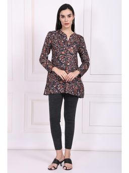W - Navy Blue Floral Printed A-Line Rayon Tunic