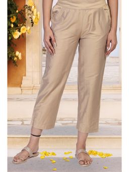 W - Beige Solid Cropped Rayon Straight Pant