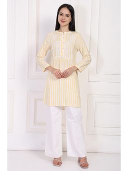 W - Yellow Striped Embroidered Straight Rayon Tunic