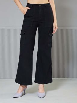 Miss Chase - Womens Black Wide High Rise Clean Look Regular Denim Jeans