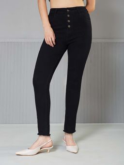 Miss Chase - Womens Black Skinny High Rise Cropped Fringed Hemline Denim Jeans