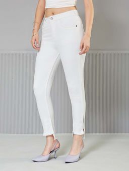 Miss Chase - Womens White Skinny Fit High Rise Side Slit Raw Edge Cropped Denim Jeans