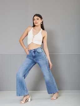 Miss Chase - Womens Light Blue Wide-Leg High Rise Clean Look Shaping Denim Jeans