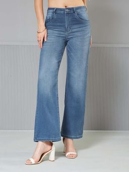 Miss Chase - Womens Light Blue Wide-Leg Mid Rise Blast Effect Light Weight Denim Jeans