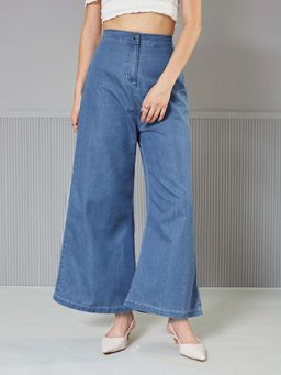 Miss Chase - Womens Blue Flared Wide-Leg High Rise Non Light Weight Denim Pants