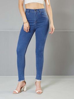Miss Chase - Womens Blue Skinny High Rise Cropped Length Fringe Detailing Denim Jeans