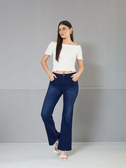 Miss Chase - Womens Navy Blue High-Rise Clean-Look Regular-Length Bootcut Denim Jeans