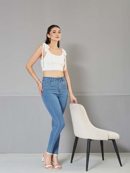 Miss Chase - Womens Blue Skinny High Rise Cropped Fringe Detailing Denim Jeans