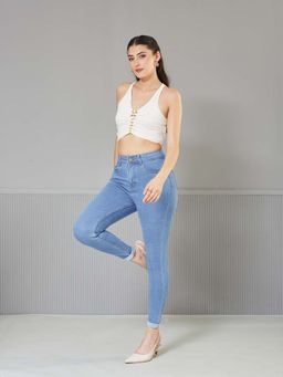 Miss Chase - Womens Blue Skinny High Rise Distressed Regular Length Denim Jeans